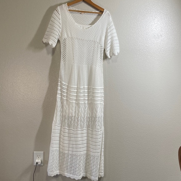 Solitaire Short Sleeve Crochet Maxi Dress Beachy Boho Angelcore Resortwear sz M - Picture 2 of 13